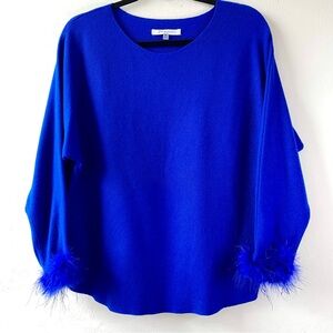 Giani Milano Royal Blue Pullover Dressy Sweater Feather Cuff Sleeves Top, Medium